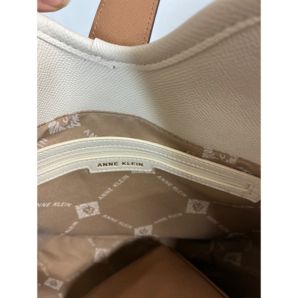 Anne Klein Two Tone Cream Cognac Brown Faux Leather Tote Bag with Pouch NWT - Picture 9 of 9